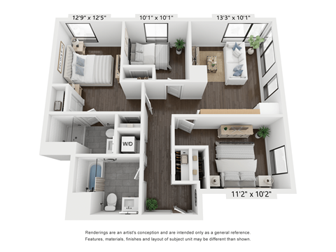Floor plan for 3 beds, 2 baths, 909 sqft